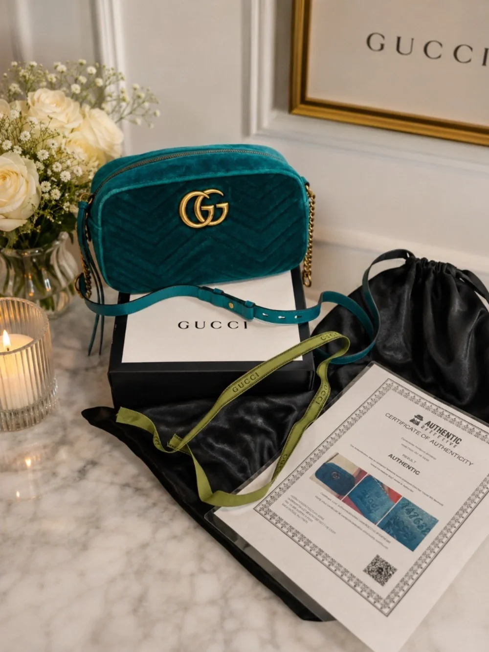 GUCCI MARMONT BLUE VELVET SHOULDER CROSSBODY BAG